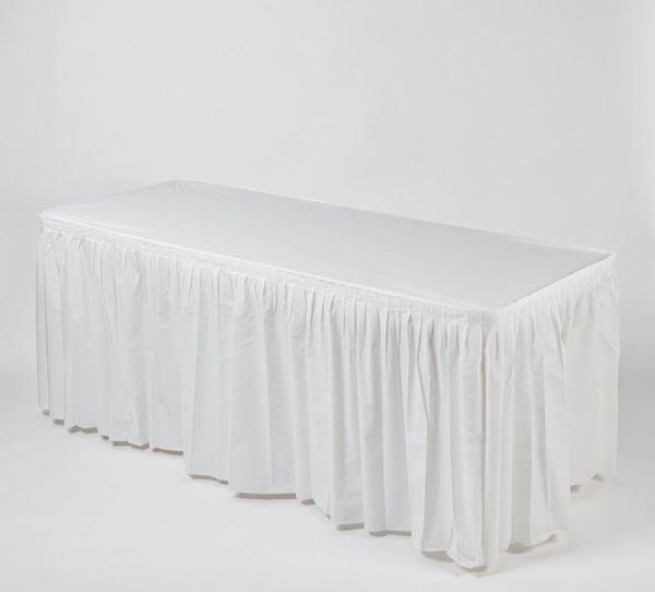 White Disposable Kwik-Skirt Fitted Plastic Table Skirt Restaurant Products White Disposable Kwik-Skirt Fitted Plastic Table Skirt Restaurant Products
