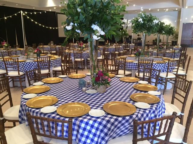 blue/white poly check linen tablecloth