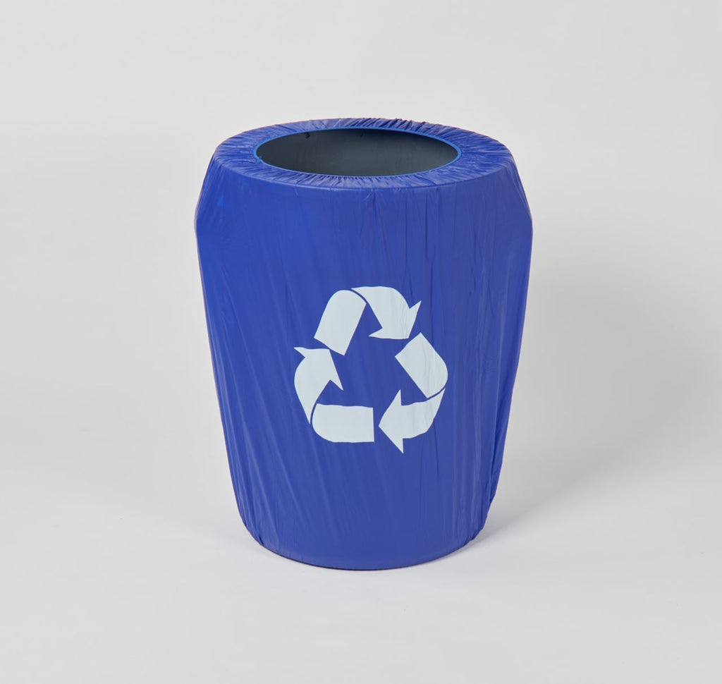 Blue w/ Recycle Sign Fitted Plastic Can Covers - Kwik-Can