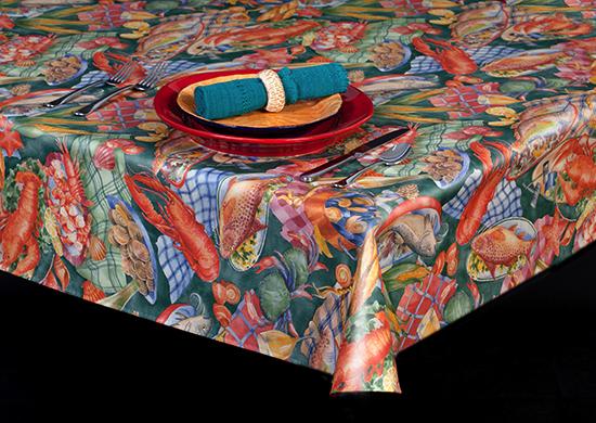 Heavyweight Seafood Print Vinyl Tablecloth w/ Flannel Backing, S6107