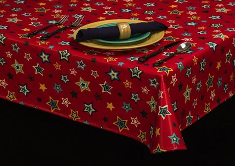 Heavyweight Red Star Print Vinyl Tablecloth w/ Flannel Backing, S6127